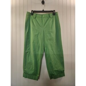 Talbots Petite Women's Green Cropped Wide Leg Pants 12P Button Cuffed 34x22